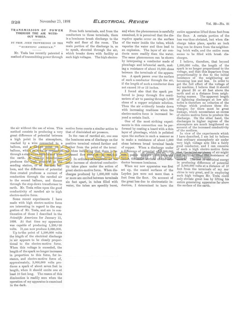 Preview of Transmission of Power Through the Air Without Wires (reprint) article