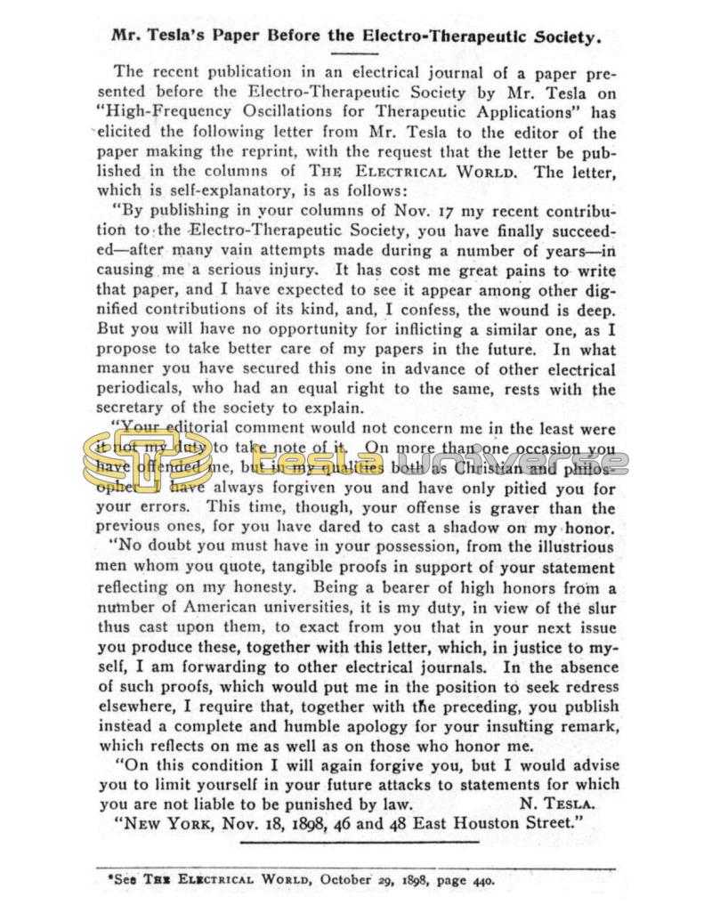 Preview of Mr. Tesla's Paper Before the Electro-Therapeutic Society article