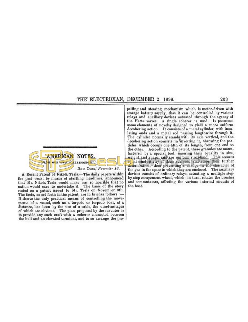 Preview of American Notes - A Recent Patent of Nikola Tesla article