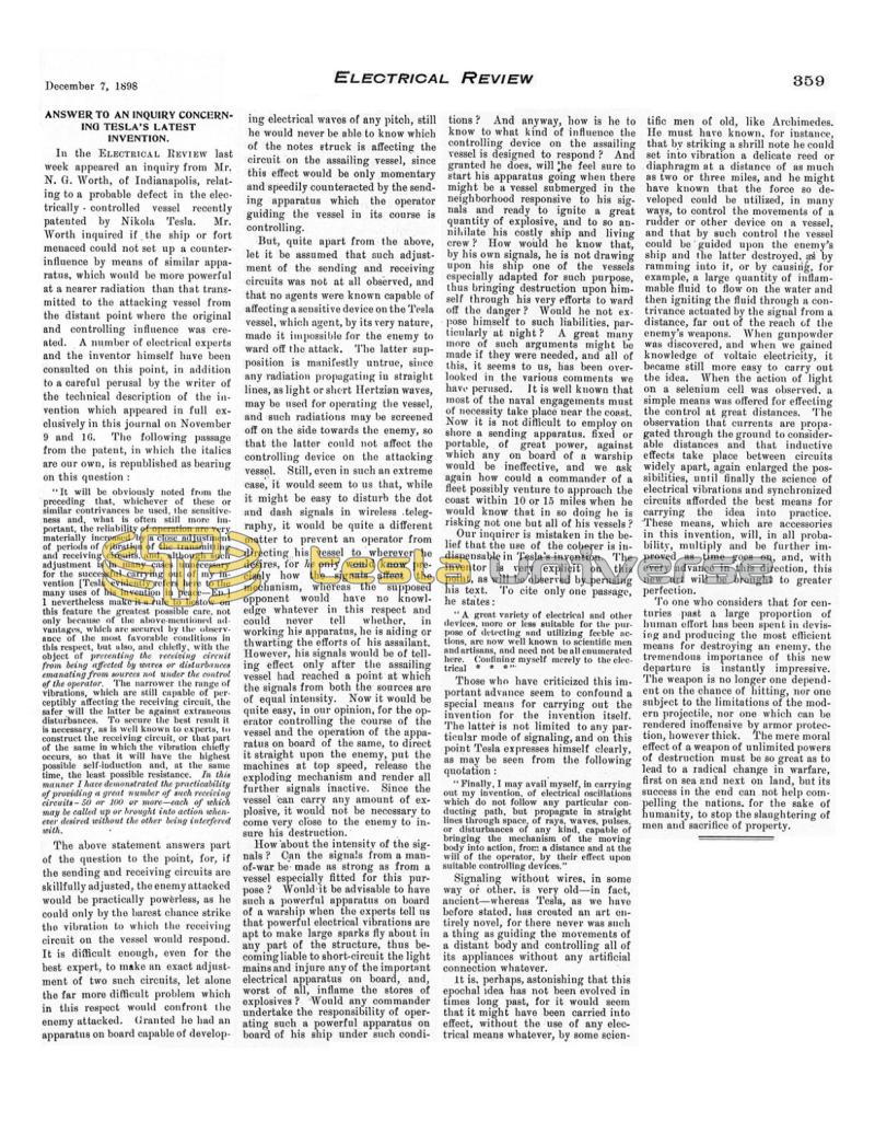 Preview of Answer to an Inquiry Concerning Tesla's Latest Invention article