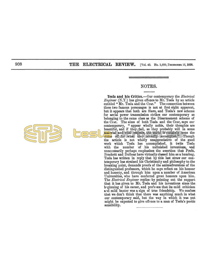 Preview of Notes - Tesla and his Critics article