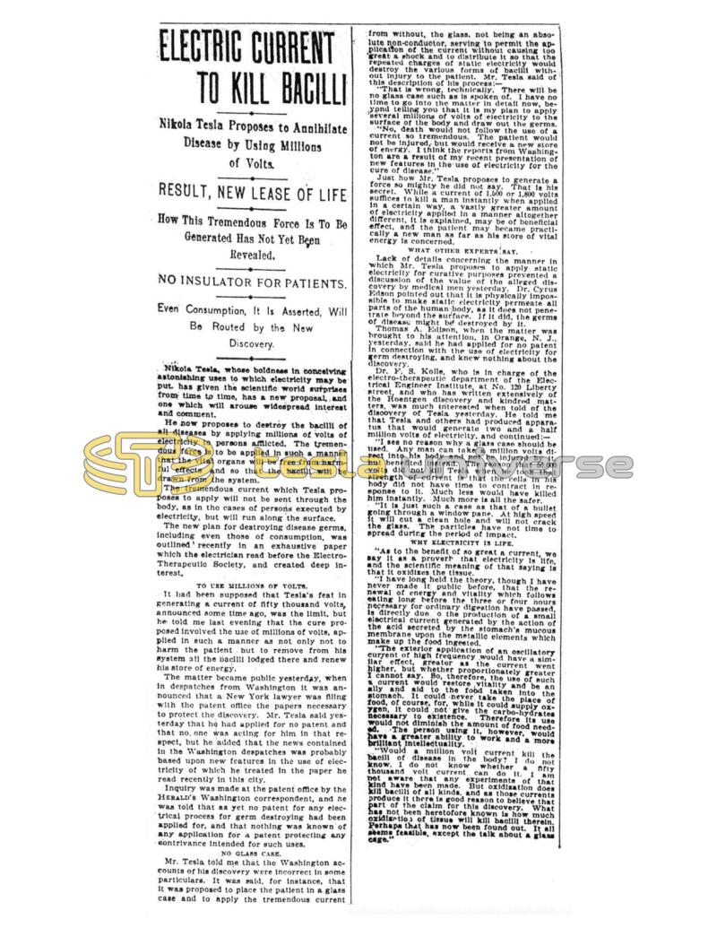 Preview of Electric Current to Kill Bacilli - Nikola Tesla Proposes to Annihilate Disease by Using Millions of Volts article