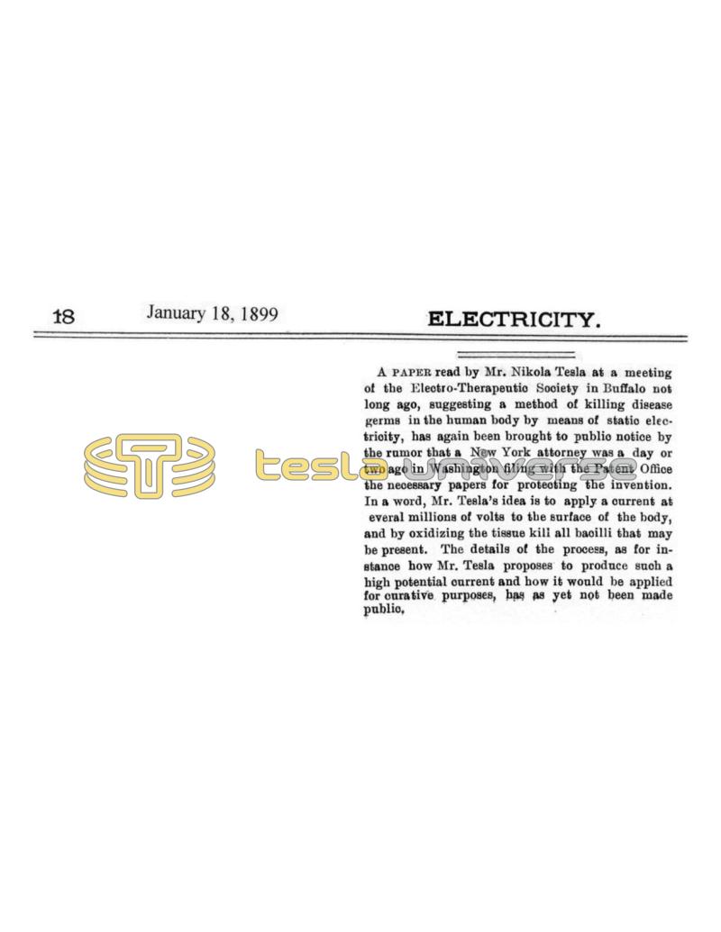 Preview of Rumor of Patent Filed in Response to Tesla's Lecture before the Electro-Therapeutic Society article