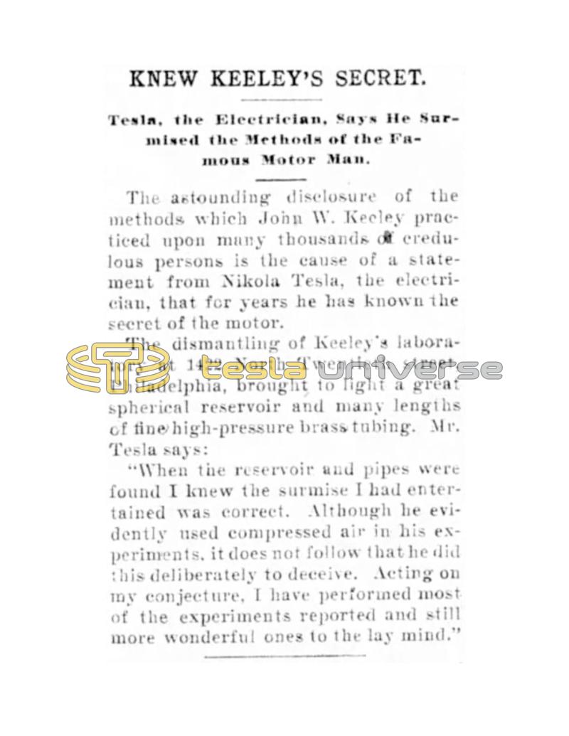 Preview of Knew Keeley's Secret - Tesla Says He Surmised the Methods article