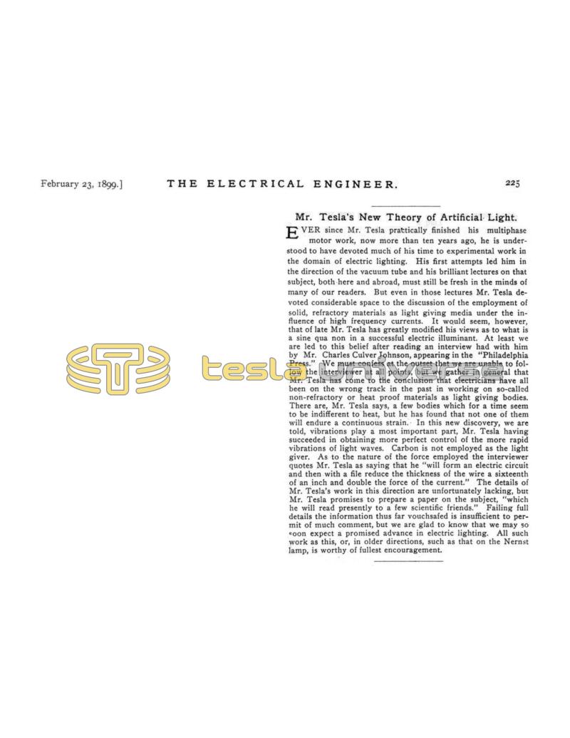 Preview of Mr. Tesla's New Theory of Artificial Light article