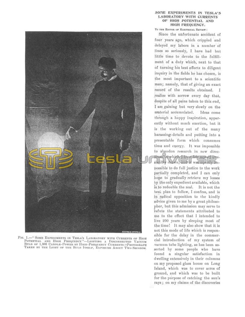 Preview of Some Experiments in Tesla's Laboratory with Currents of High Potential and High Frequency article