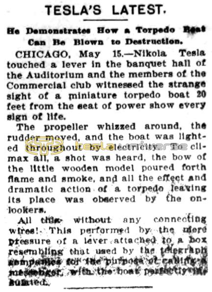 Preview of Tesla's Latest - He Demonstrates How a Torpedo Boat Can Be Blown to Destruction (reprint 2) article
