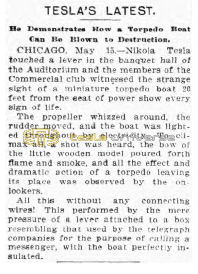 Preview of Tesla's Latest - He Demonstrates How a Torpedo Boat Can Be Blown to Destruction (reprint) article
