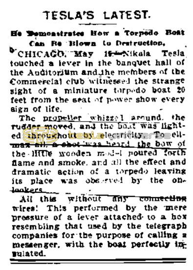 Preview of Tesla's Latest - He Demonstrates How a Torpedo Boat Can Be Blown to Destruction (reprint 3) article