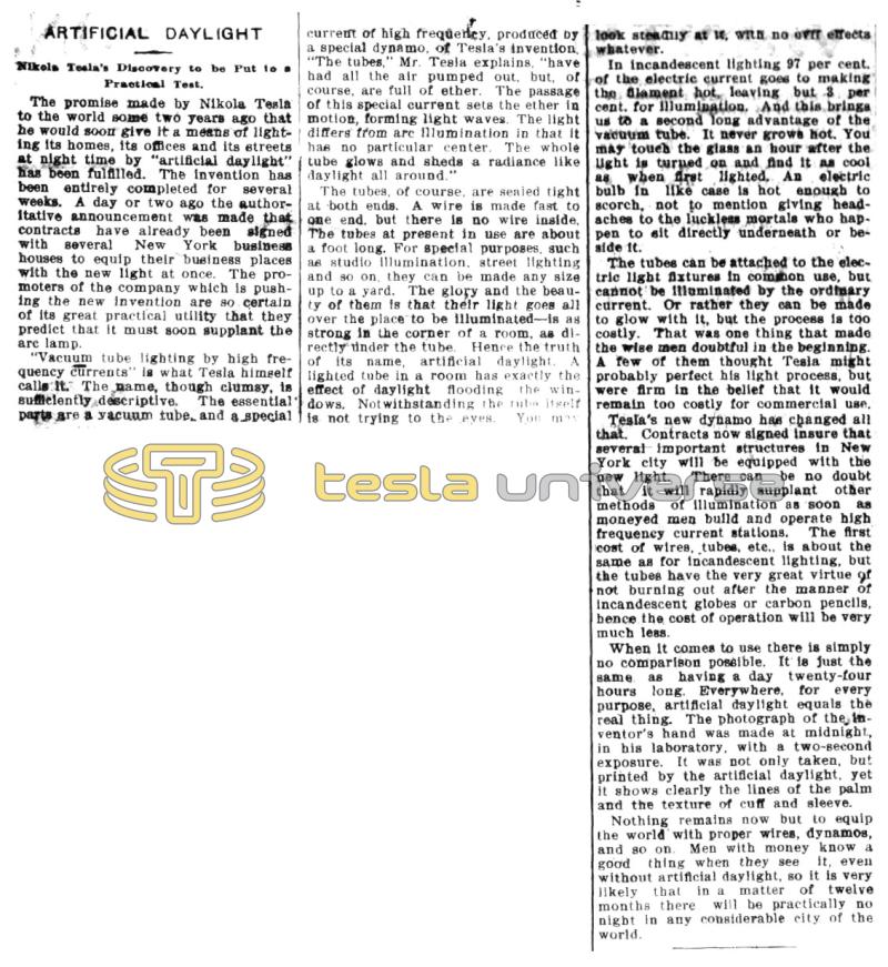 Preview of Artificial Daylight - Nikola Tesla's Discovery to be Put to Practical Test article