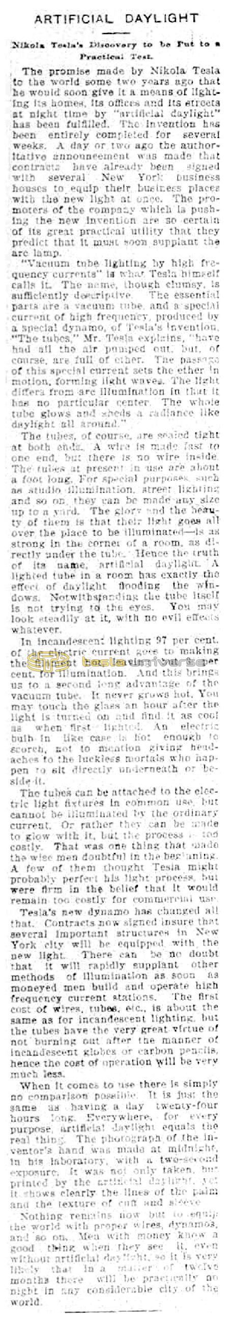 Preview of Artificial Daylight - Nikola Tesla's Discovery to be Put to Practical Test article