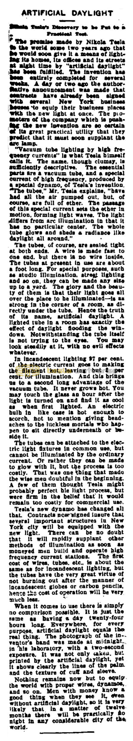 Preview of Artificial Daylight - Nikola Tesla's Discovery to be Put to Practical Test (reprint 2) article