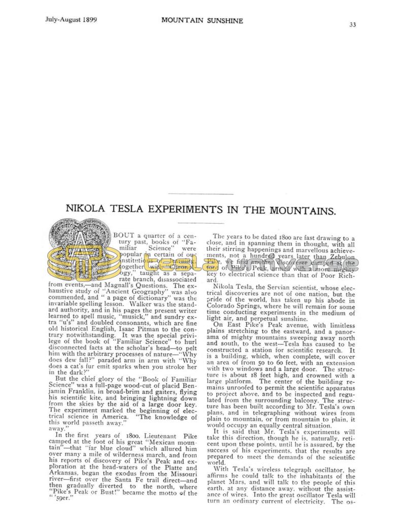Preview of Nikola Tesla Experiments in the Mountains article