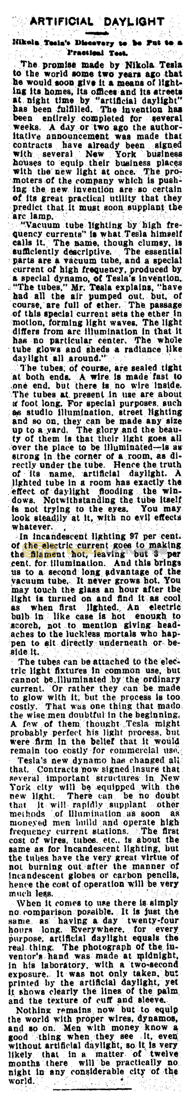 Preview of Artificial Daylight - Nikola Tesla's Discovery to be Put to Practical Test (reprint 2) article