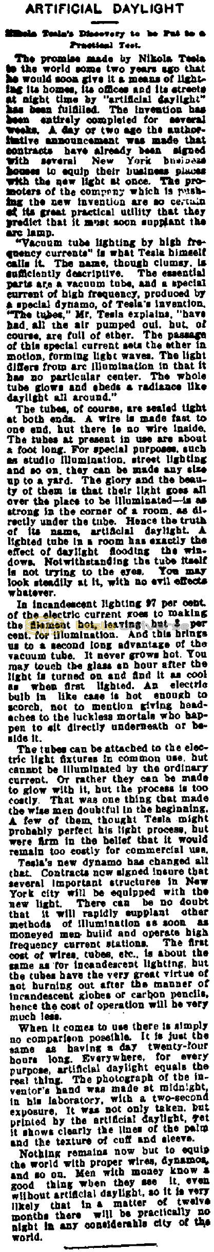 Preview of Artificial Daylight - Nikola Tesla's Discovery to be Put to Practical Test (reprint) article