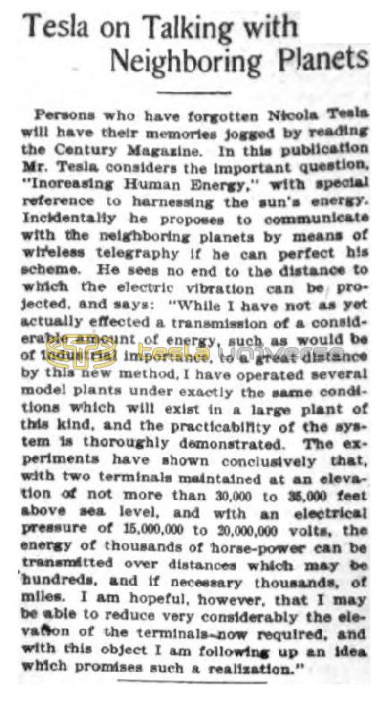 Preview of Tesla on Talking with Neighboring Planets article