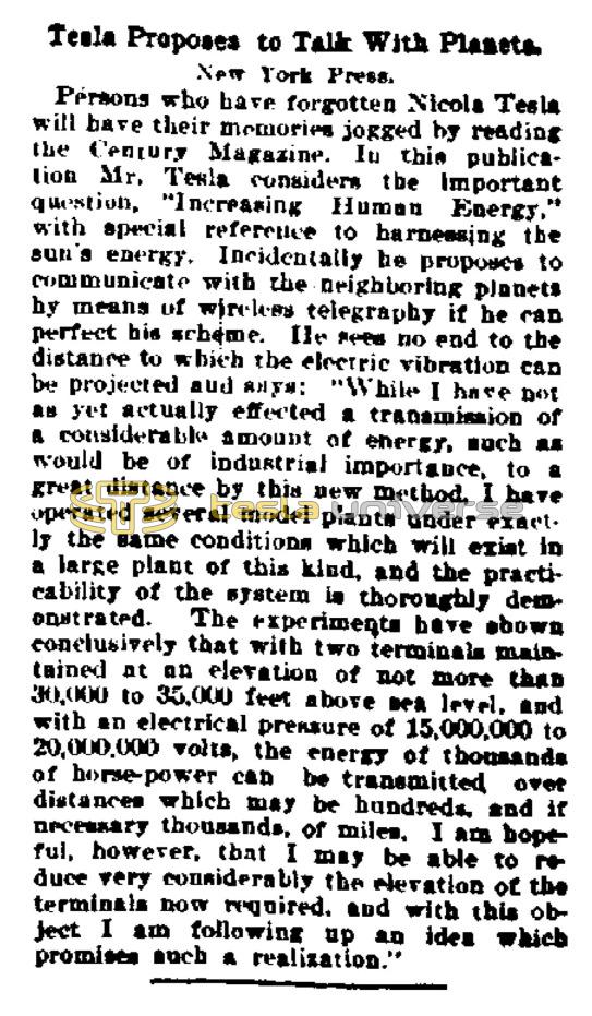 Preview of Tesla Proposes to Talk With Planets article