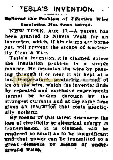 Preview of Tesla's Invention - Believed the Problem of Effective Wire Insulation Has Been Solved article