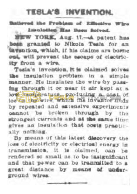 Preview of Tesla's Invention - Believed the Problem of Effective Wire Insulation Has Been Solved (reprint 1) article