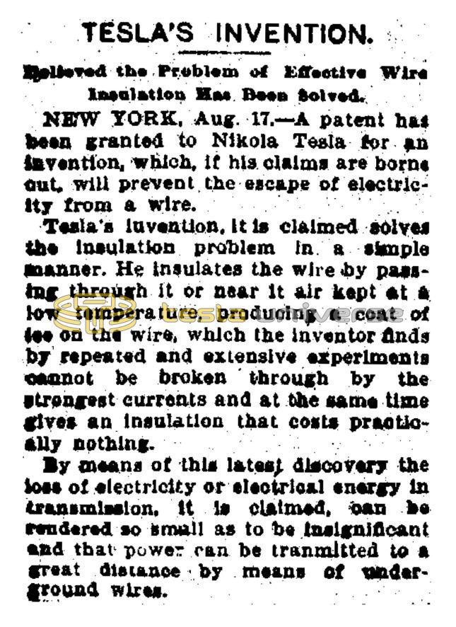 Preview of Tesla's Invention - Believed the Problem of Effective Wire Insulation Has Been Solved (reprint 3) article