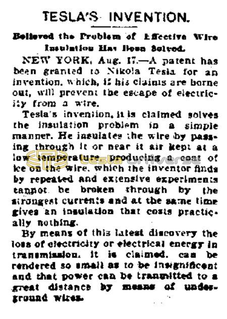 Preview of Tesla's Invention - Believed the Problem of Effective Wire Insulation Has Been Solved (reprint) article