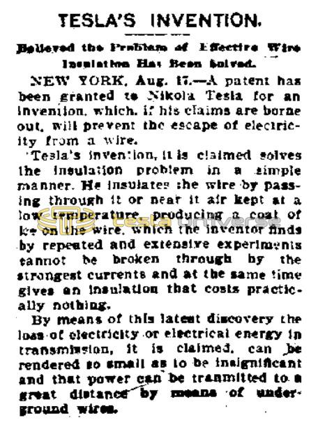 Preview of Tesla's Invention - Believed the Problem of Effective Wire Insulation Has Been Solved (reprint 4) article