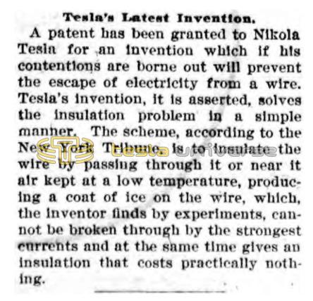 Preview of Tesla's Latest Invention - To Prevent Escape of Electricity From a Wire article