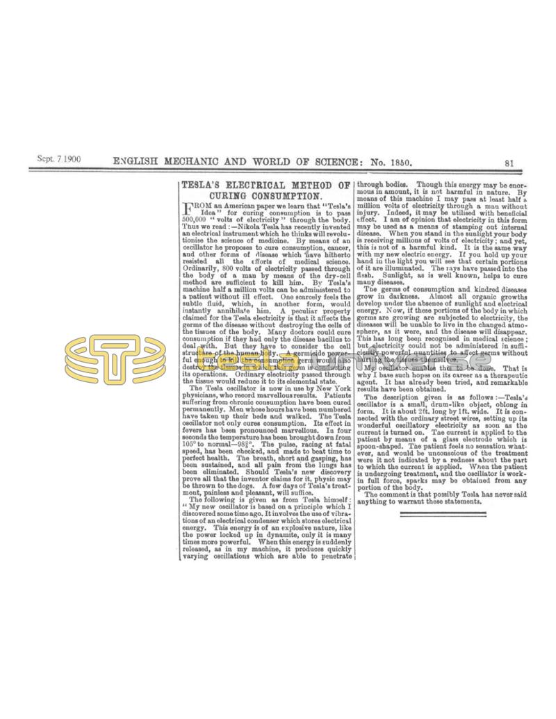 Preview of Tesla's Electrical Method of Curing Consumption article