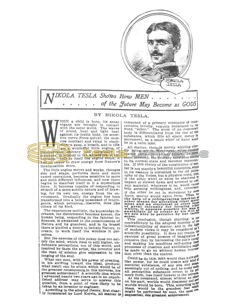 Preview of Nikola Tesla Shows How Men of Future May Become as Gods article