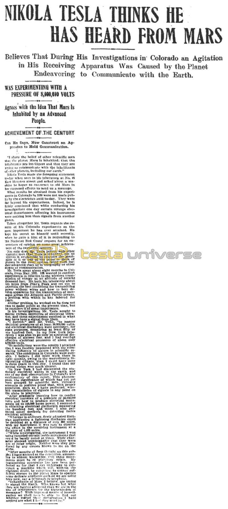 Preview of Nikola Tesla Thinks He Has Heard From Mars article