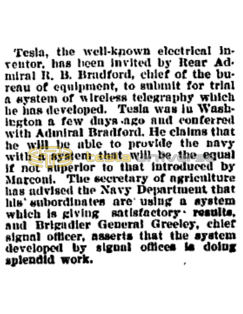 Preview of Nikola Tesla Invited to Submit His Wireless Telegraphy System to U.S. Navy article