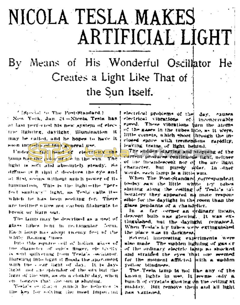 Preview of Nikola Tesla Makes Artificial Light article