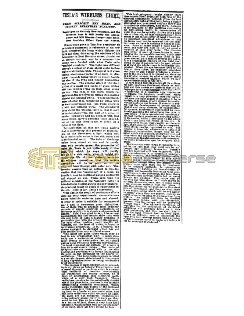 Preview of Tesla's Wireless Light - Makes Scarcely any Heat, and Closely Resembles Sunlight article