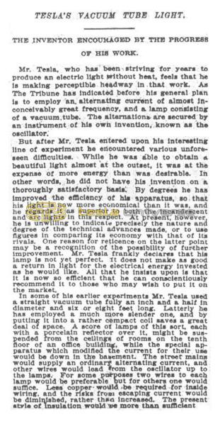 Preview of Tesla's Vacuum Tube Light - The Inventor Encouraged by the Progress of His Work article