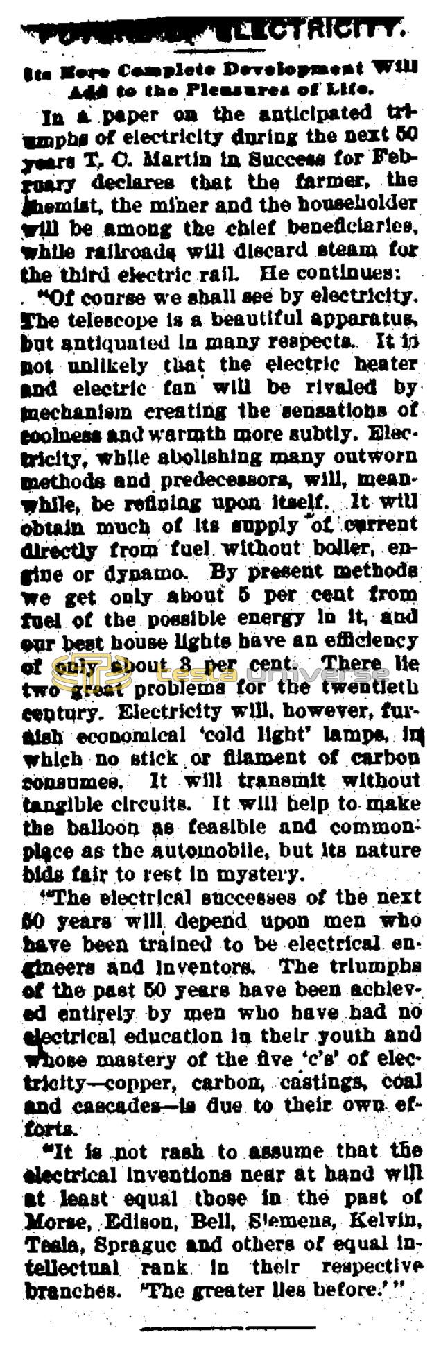 Preview of Future of Electricity - Its More Complete Development Will Add to the Pleasures of Life article