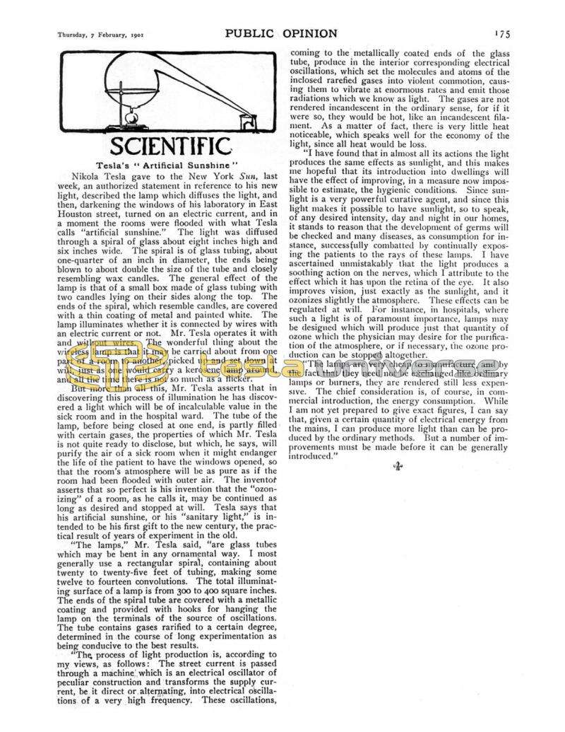 Preview of Scientific - Tesla's "Artificial Sunshine" article