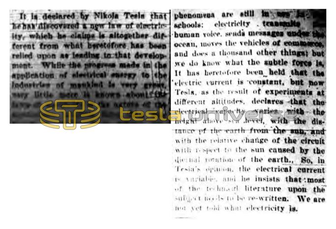 Preview of Nikola Tesla Has Discovered a New Law of Electricity article