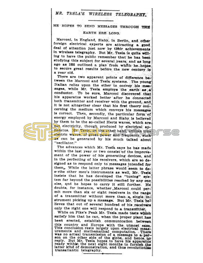 Preview of Mr. Tesla's Wireless Telegraphy - He Hopes to Send Messages Through the Earth Ere Long article