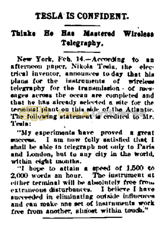 Preview of Tesla is Confident - Thinks He Has Mastered Wireless Telegraphy article