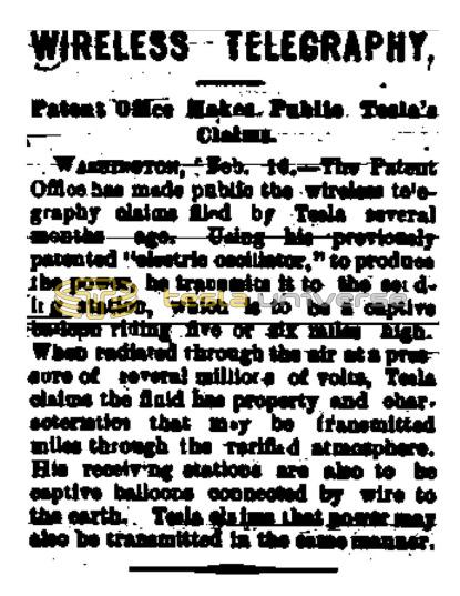 Preview of Wireless Telegraphy - Patent Office Makes Public Tesla's Claims article