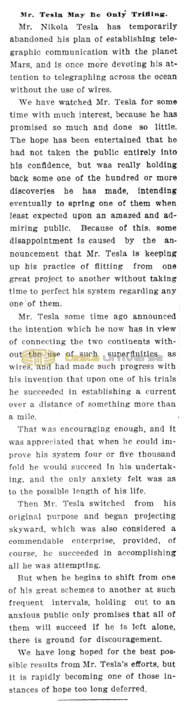Preview of Mr. Tesla May Be Only Trifling article
