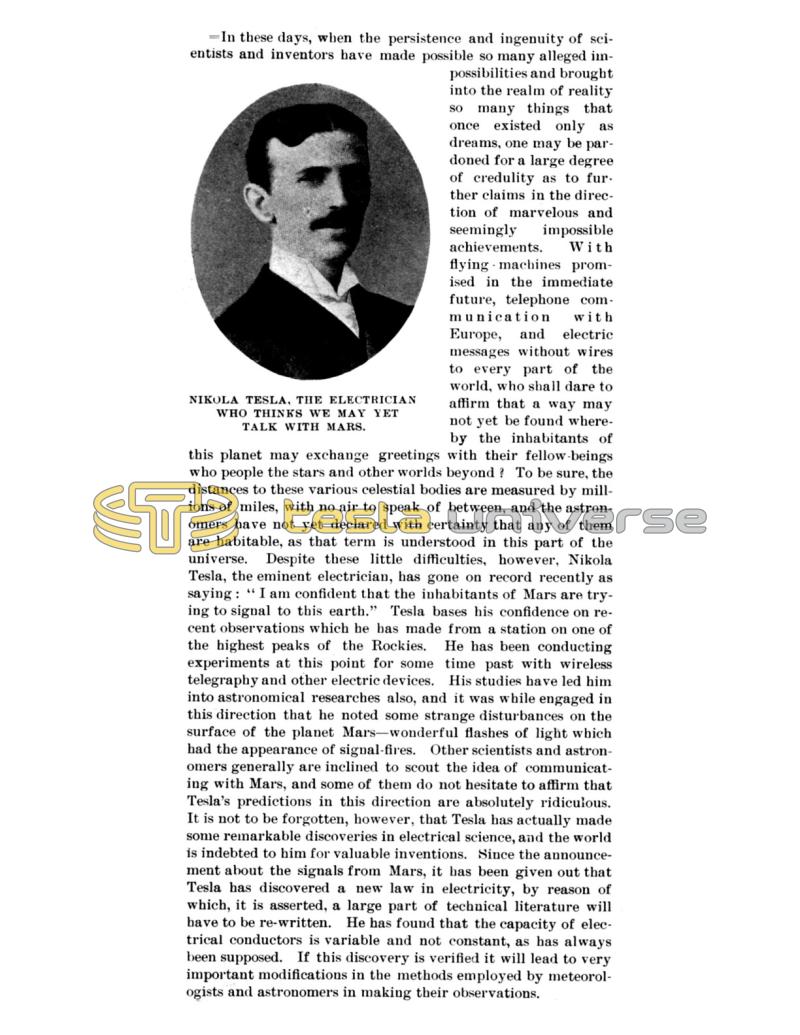 Preview of Nikola Tesla, The Electrician Who Thinks We May Yet Talk With Mars article