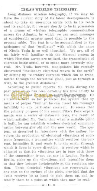 Preview of Tesla's Wireless Telegraphy article