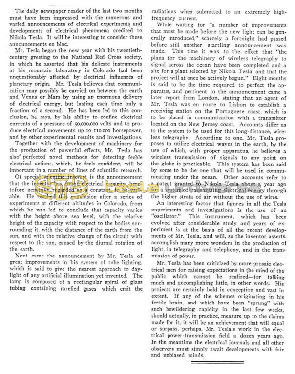Preview of A Review of Nikola Tesla's Latest Electrical Announcements article
