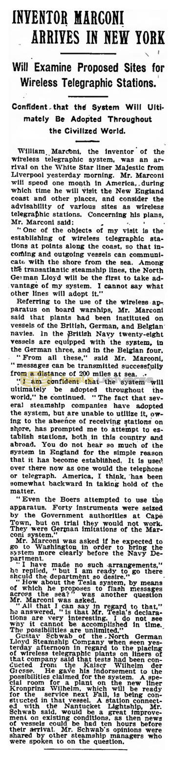 Preview of Inventor Marconi Arrives in New York article