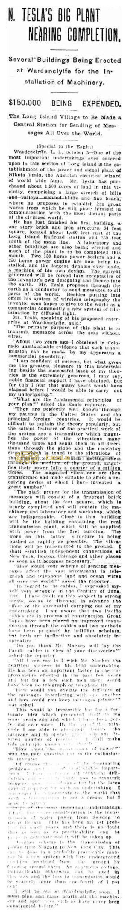 Preview of Nikola Tesla's Big Plant Nearing Completion article