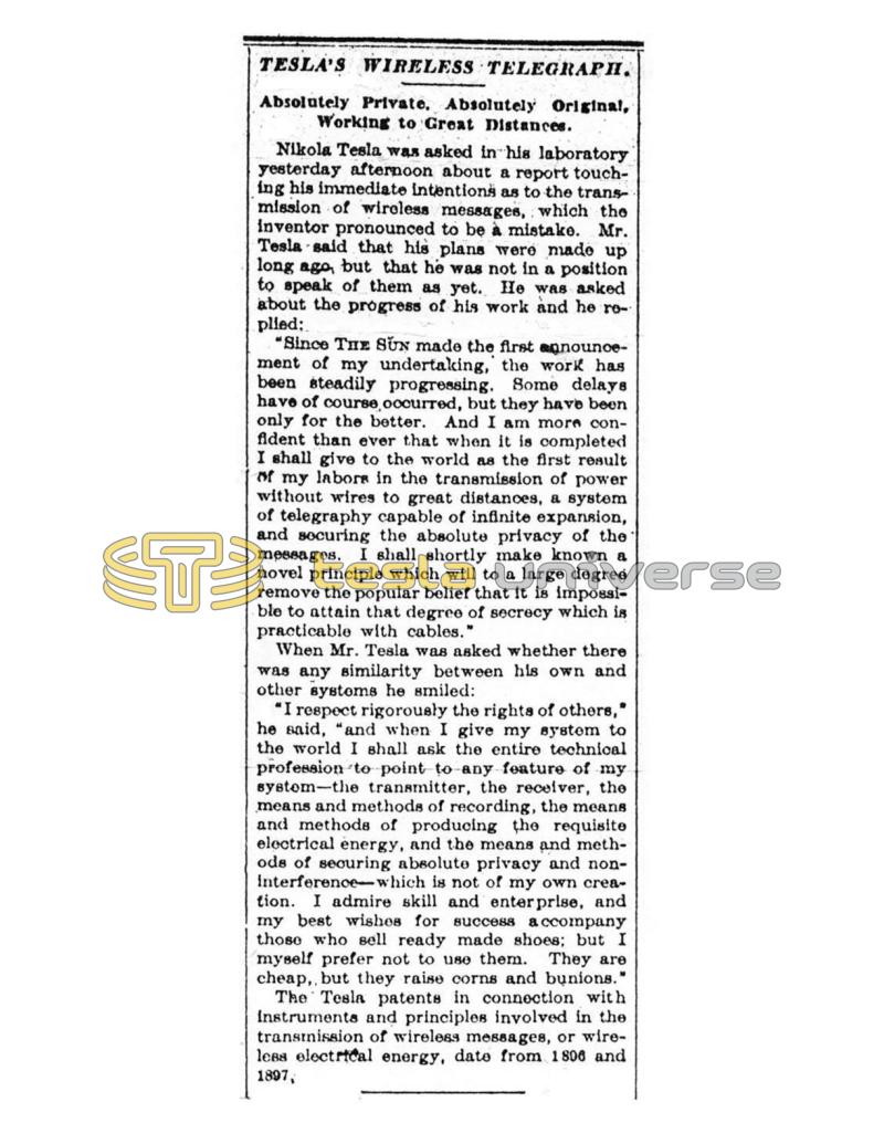 Preview of Tesla's Wireless Telegraph - Absolutely Private, Absolutely Original, Working to Great Distances article