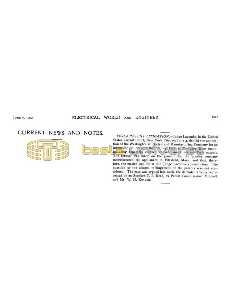 Preview of Tesla Patent Litigation - Westinghouse vs. Stanley article