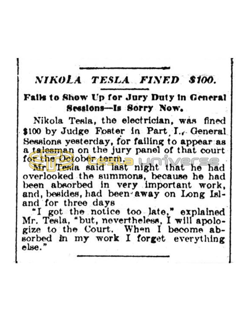 Preview of Nikola Tesla Fined $100 - Fails to Show Up for Jury Duty in General Sessions - Is Sorry Now article