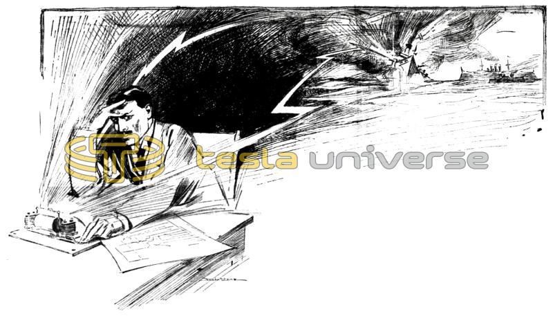 Illustration of Tesla at the Button of the Machine to End War